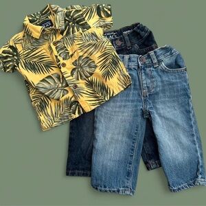 Baby Boy Hawaiian Shirt with Palms and Denim Jeans Bundle